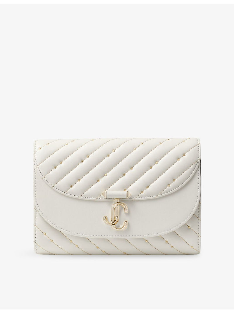 Jimmy Choo curved quilted leather clutch bag with chain strap, UK version