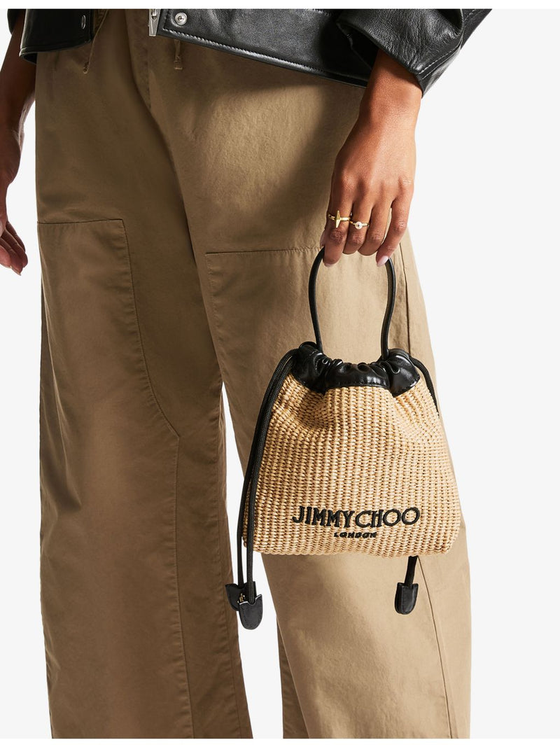Jimmy Choo drawstring raffia pouch with leather trim, imported from the UK