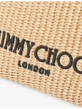 Jimmy Choo drawstring raffia pouch with leather trim, imported from the UK