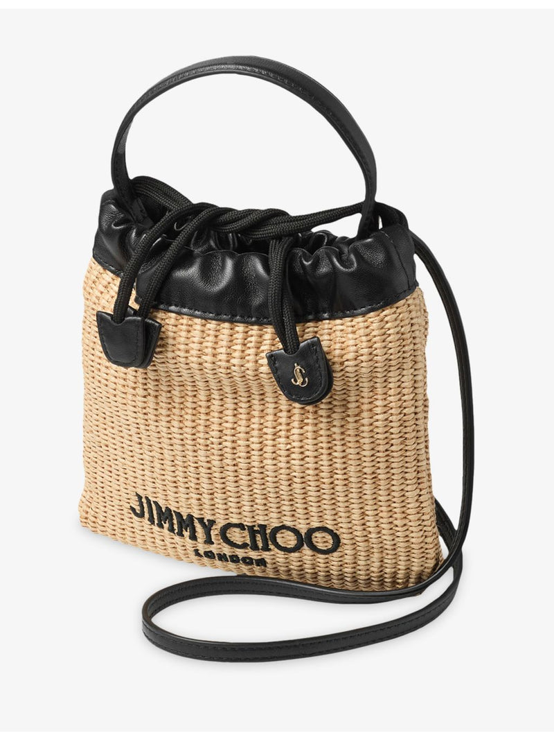 Jimmy Choo drawstring raffia pouch with leather trim, imported from the UK