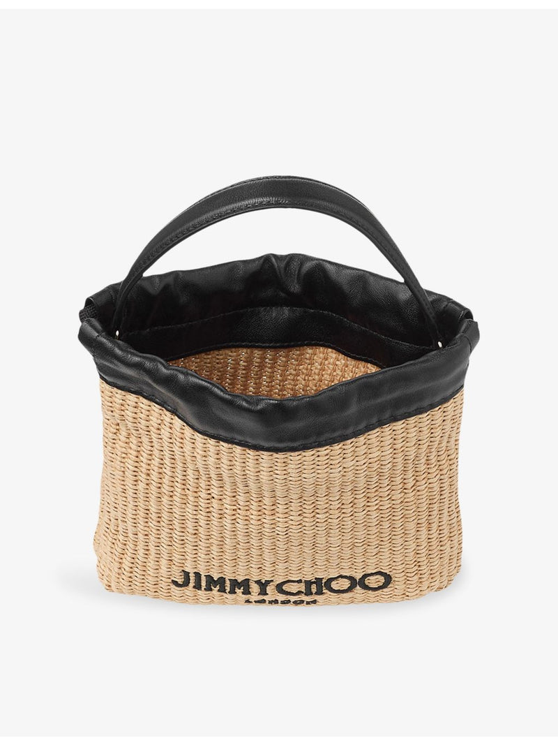 Jimmy Choo drawstring raffia pouch with leather trim, imported from the UK