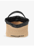 Jimmy Choo drawstring raffia pouch with leather trim, imported from the UK