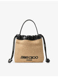 Jimmy Choo drawstring raffia pouch with leather trim, imported from the UK