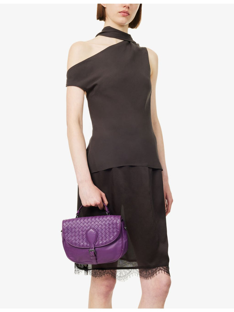 Bottega Veneta Intrecciato flap satchel leather bag, imported from the UK