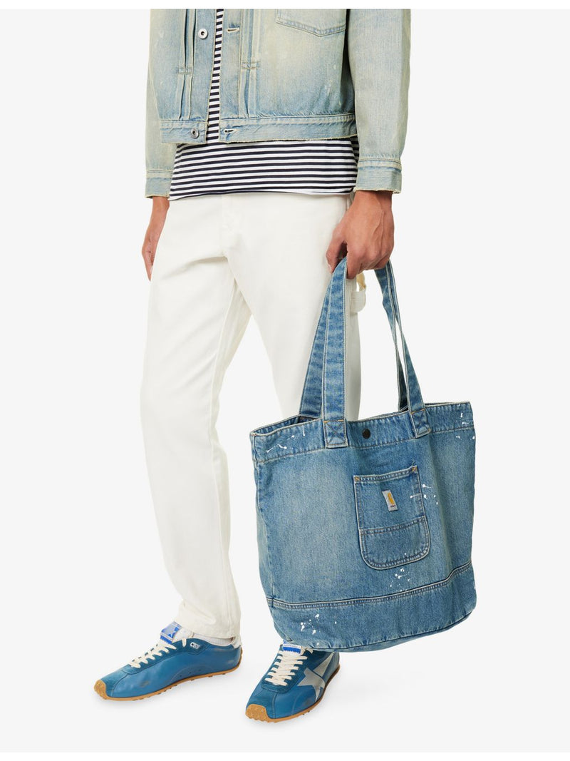 Carhartt WIP logo-patch paint-splatter denim tote, imported from the UK