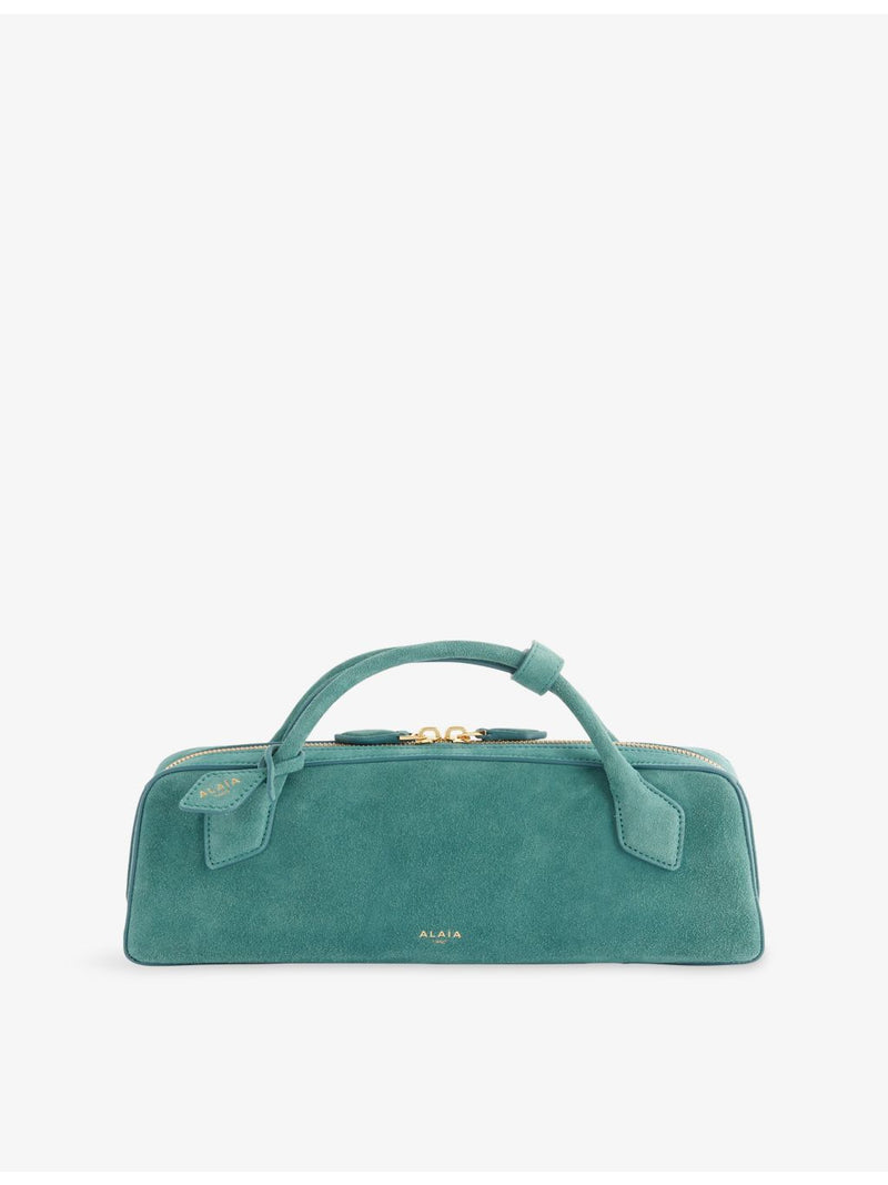 Alaïa suede clutch bag with gold-toned hardware, imported from the UK