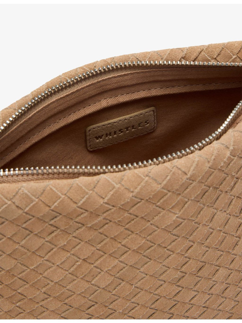 Whistles Avah suede clutch bag with wristlet strap, imported from the UK