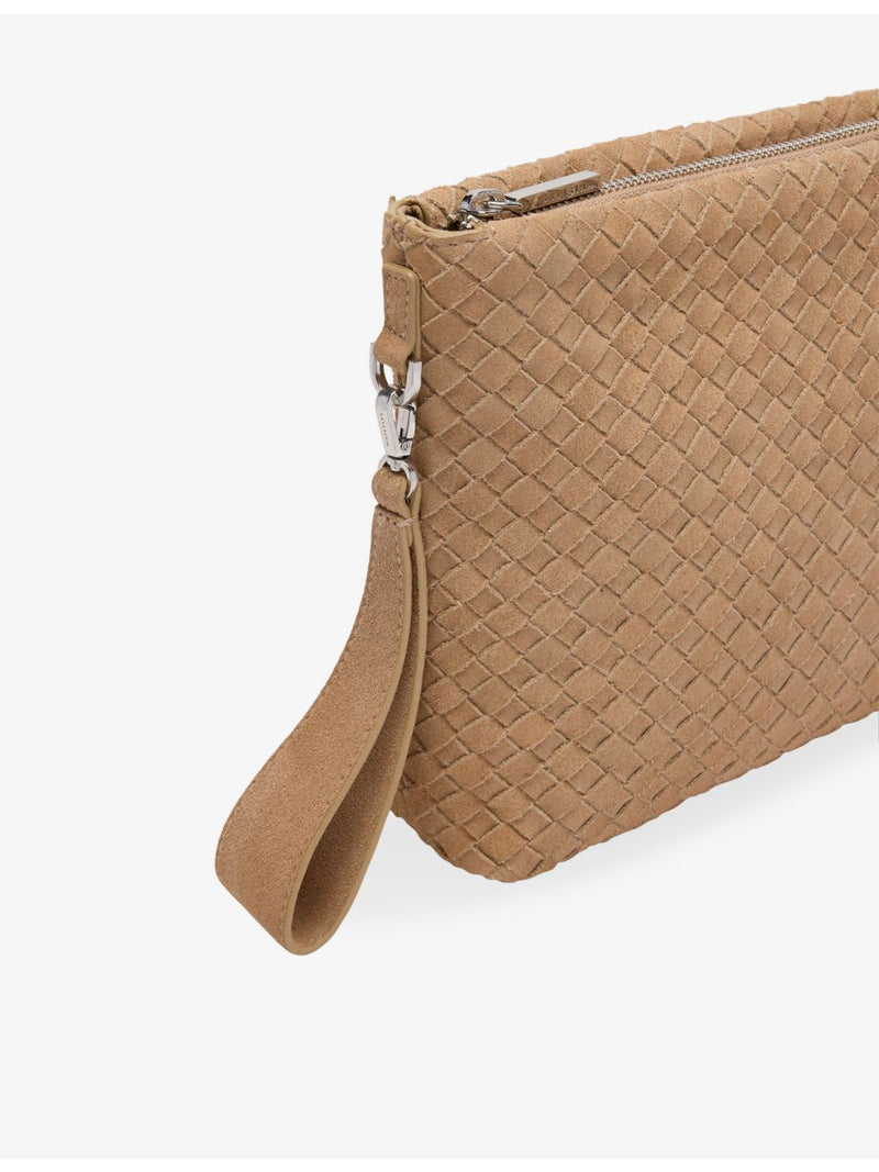Whistles Avah suede clutch bag with wristlet strap, imported from the UK