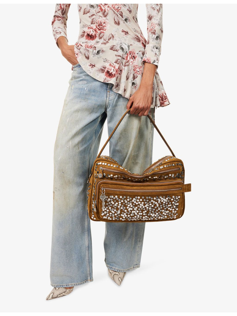 Acne Studios suede shoulder bag with rivet embellishments, UK version