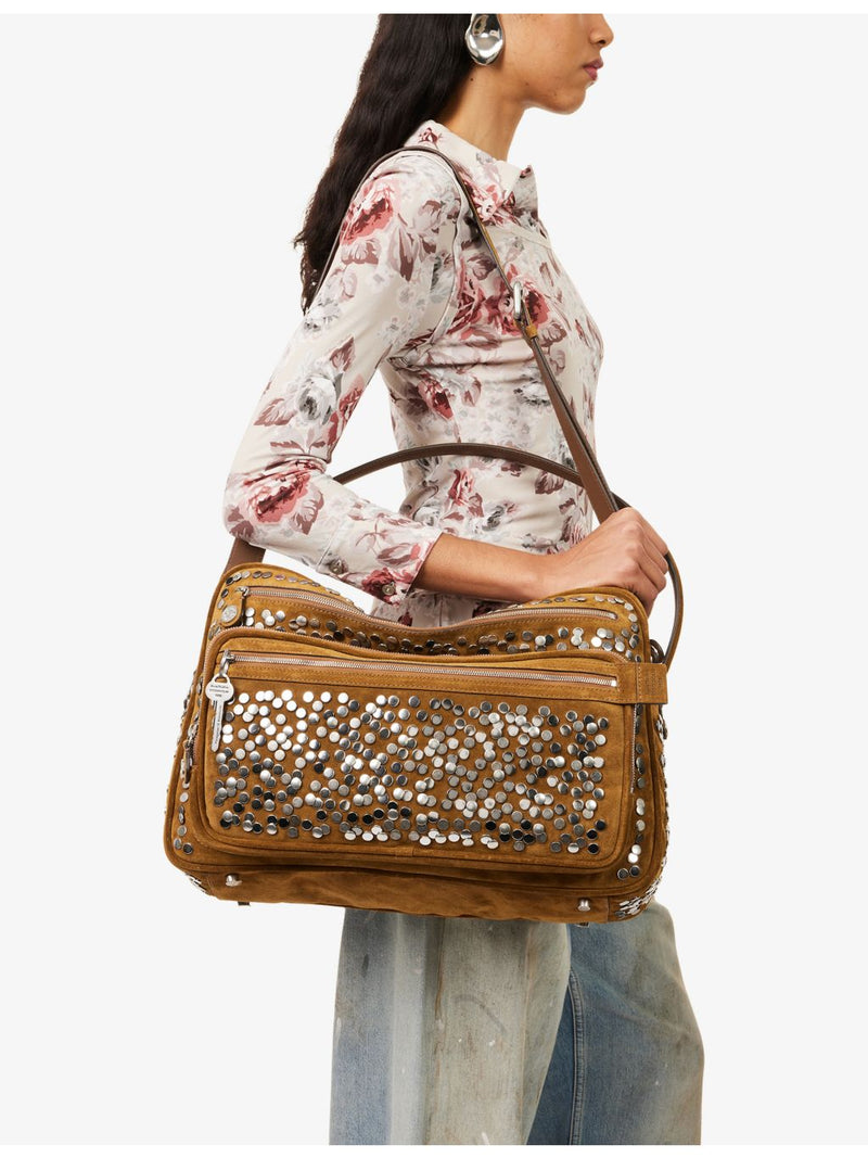 Acne Studios suede shoulder bag with rivet embellishments, UK version