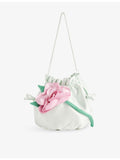 Self Portrait satin pouch bag with 3D flower motif, UK version