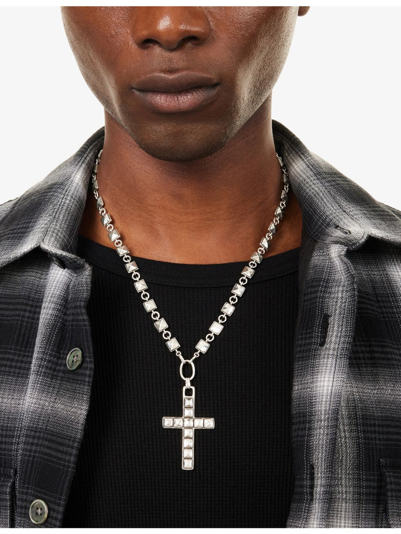 Twojeys studded cross necklace with silver-plated oxidised finish, imported from the UK