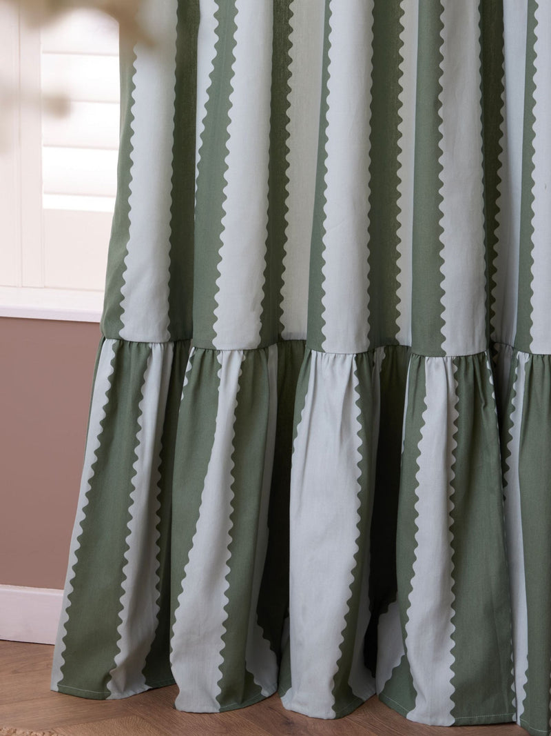 Wylder BaygreenMist Birdie Stripe ruffle pencil pleat curtains (British brand)