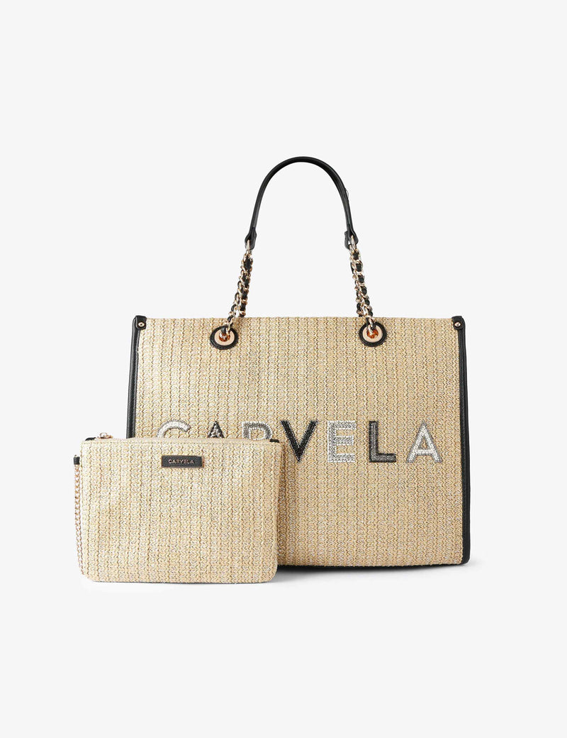 Carvela raffia beaded tote bag with gold-tone chain and pouch (British brand)