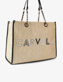 Carvela raffia beaded tote bag with gold-tone chain and pouch (British brand)