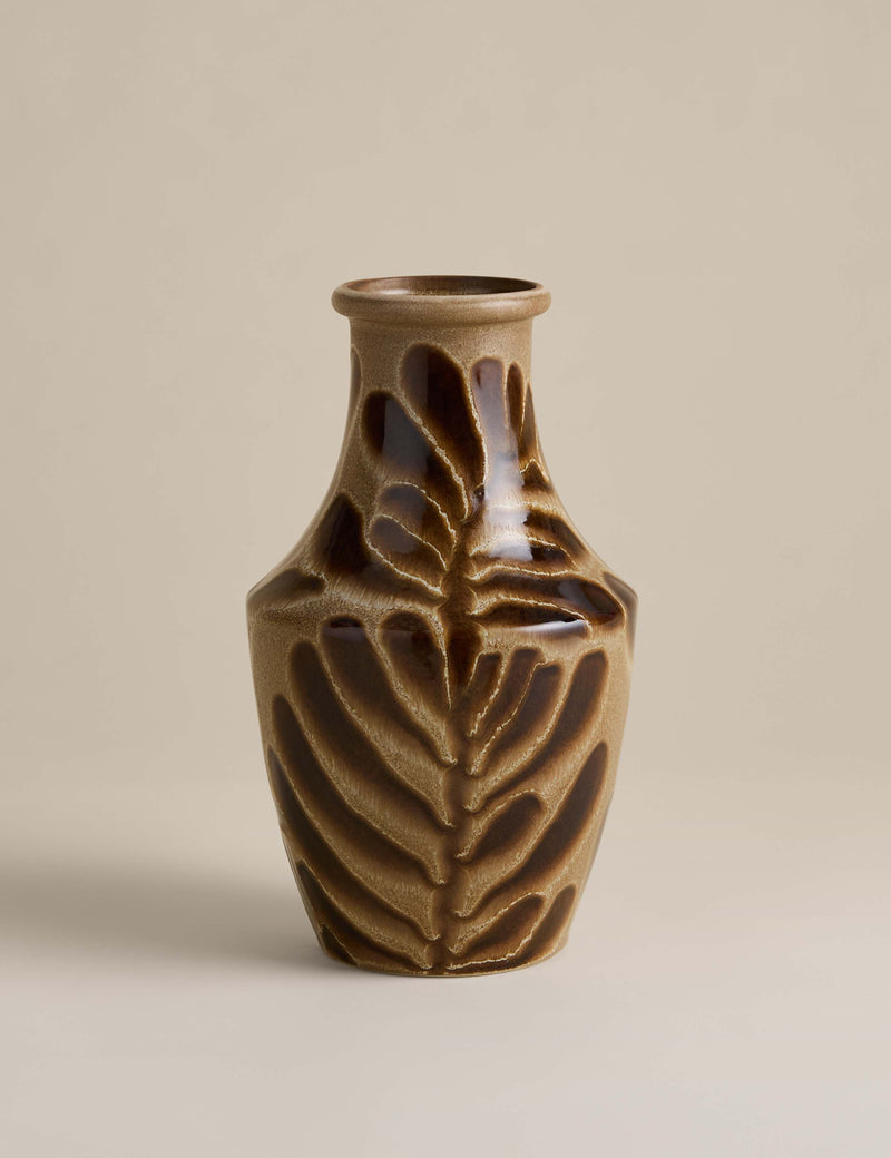 Ceramic vase with leaf detailing and reactive glaze, UK version