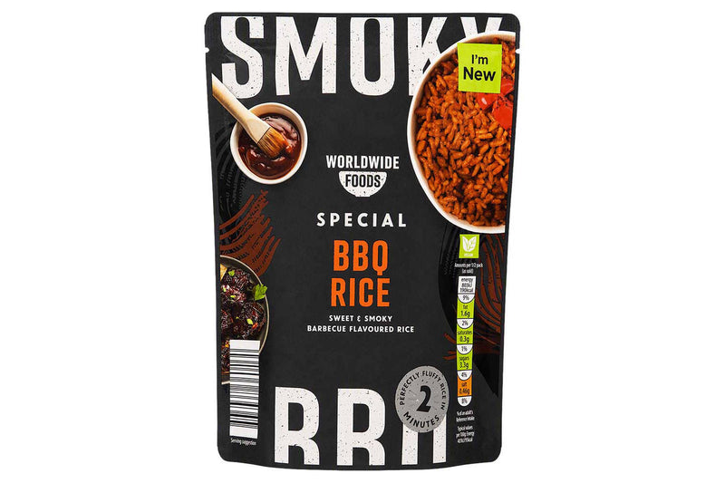 Ready-to-heat BBQ chicken rice meal, nut-free UK version