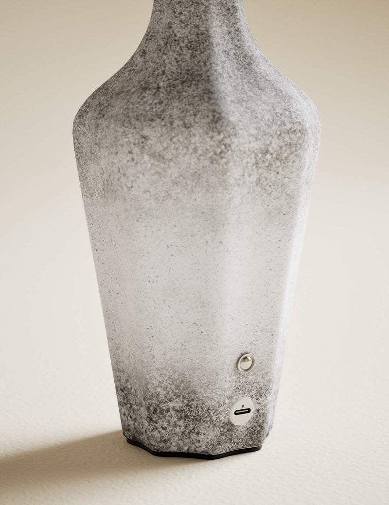 Rechargeable table lamp with ceramic base and jute shade, imported from the UK