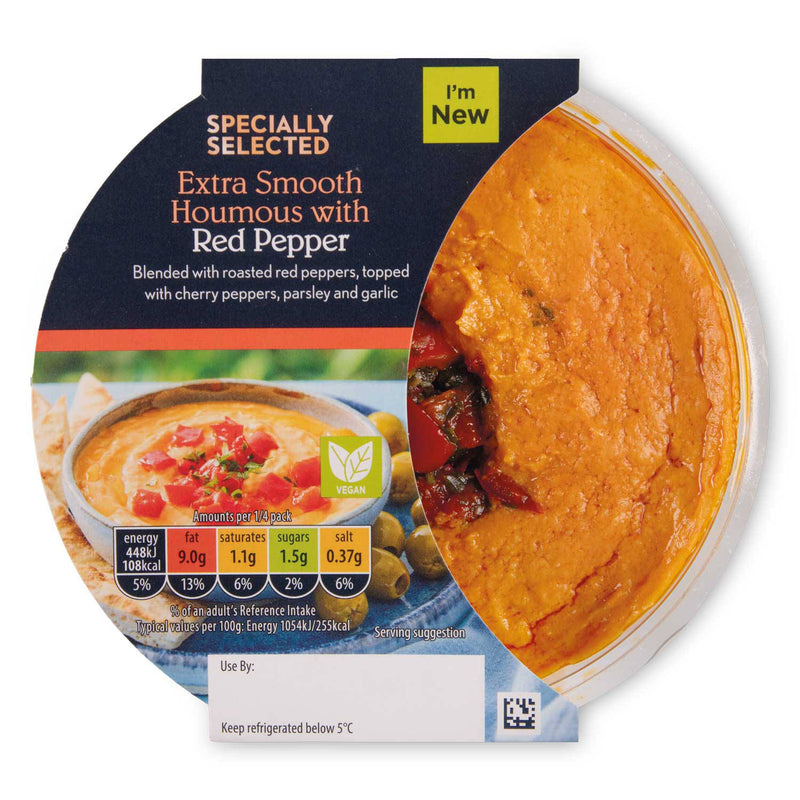 Red pepper topped houmous with roasted peppers - British product