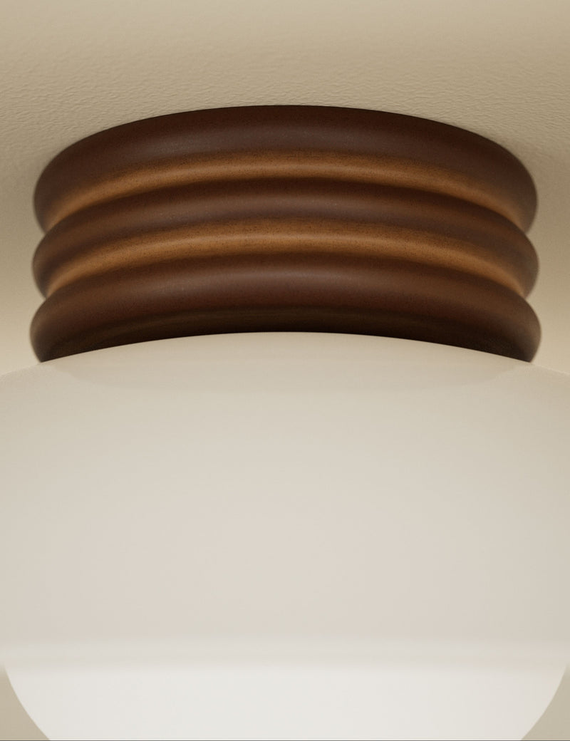 Retro wooden ribbed flush ceiling light with glass shade, imported from the UK