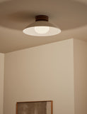 Retro wooden ribbed flush ceiling light with glass shade, imported from the UK