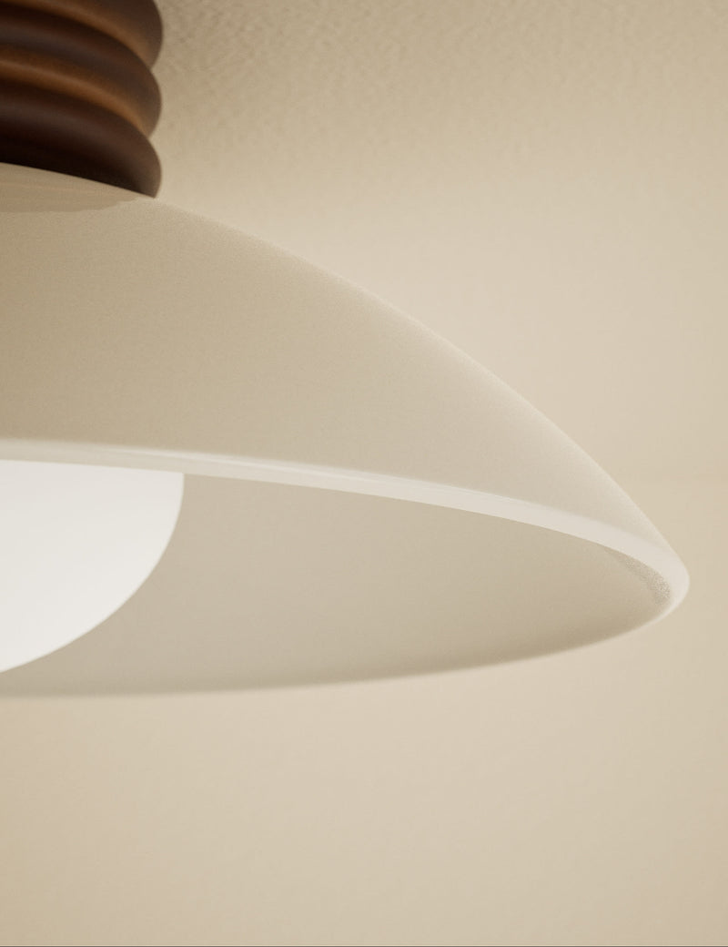 Retro wooden ribbed flush ceiling light with glass shade, imported from the UK