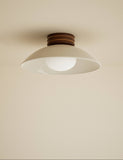 Retro wooden ribbed flush ceiling light with glass shade, imported from the UK
