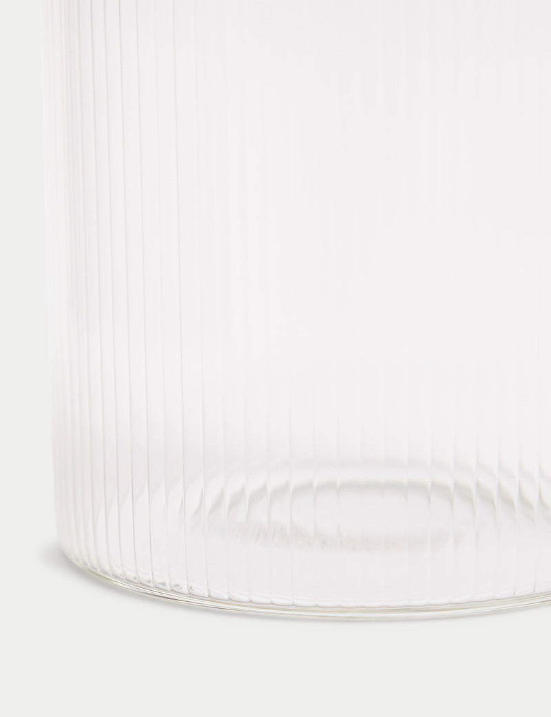 Ribbed glass sugar pot with wooden lid and teaspoon, imported from the UK