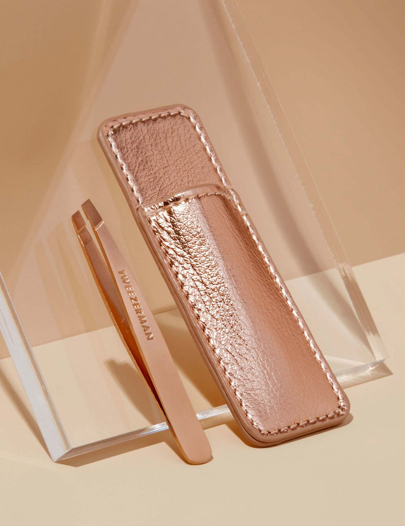 Mini slant tweezers rose gold with case (British brand)