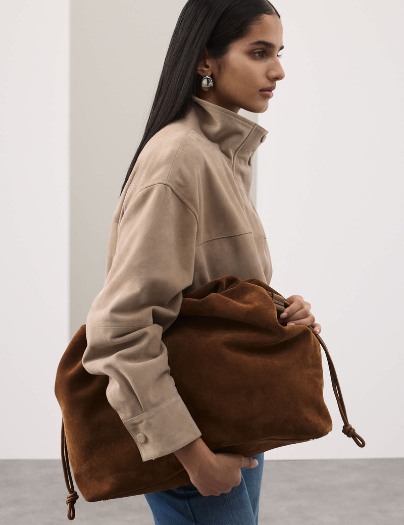 Autograph suede shoulder bag with drawstring sides - British product
