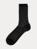 M&S Cotton Blend Sheer Ribbed Sparkly Crew Socks