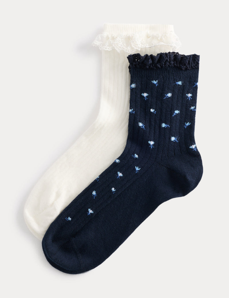 M&S floral ribbed ruffle quarter socks 2 pack (British brand)