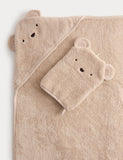 Bear hooded towel and wash mitt set in pure cotton (British brand)