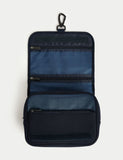 Hanging toiletry bag with mesh pockets and hook, imported from the UK
