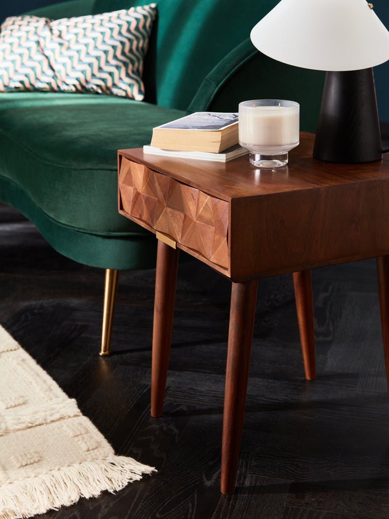 Swoon Franklin brown side table with geometric design, imported from the UK