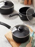 John Lewis aluminium non-stick saucepan with glass lid, grey - British product