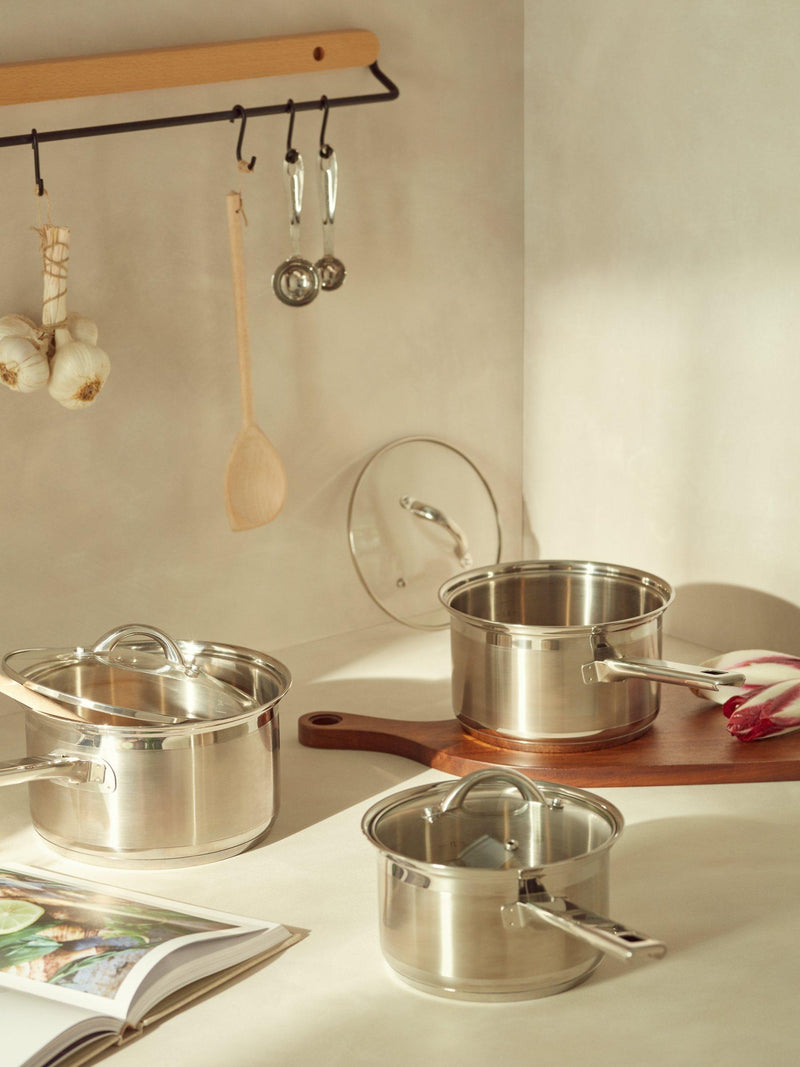 John Lewis stainless steel saucepan set with glass lids, 3 pieces, UK version