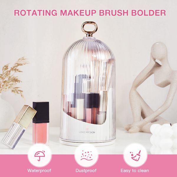 Rotating Cosmetic Brush Holder with Transparent Dust Cover