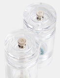 Clear plastic salt and pepper mills (British brand)