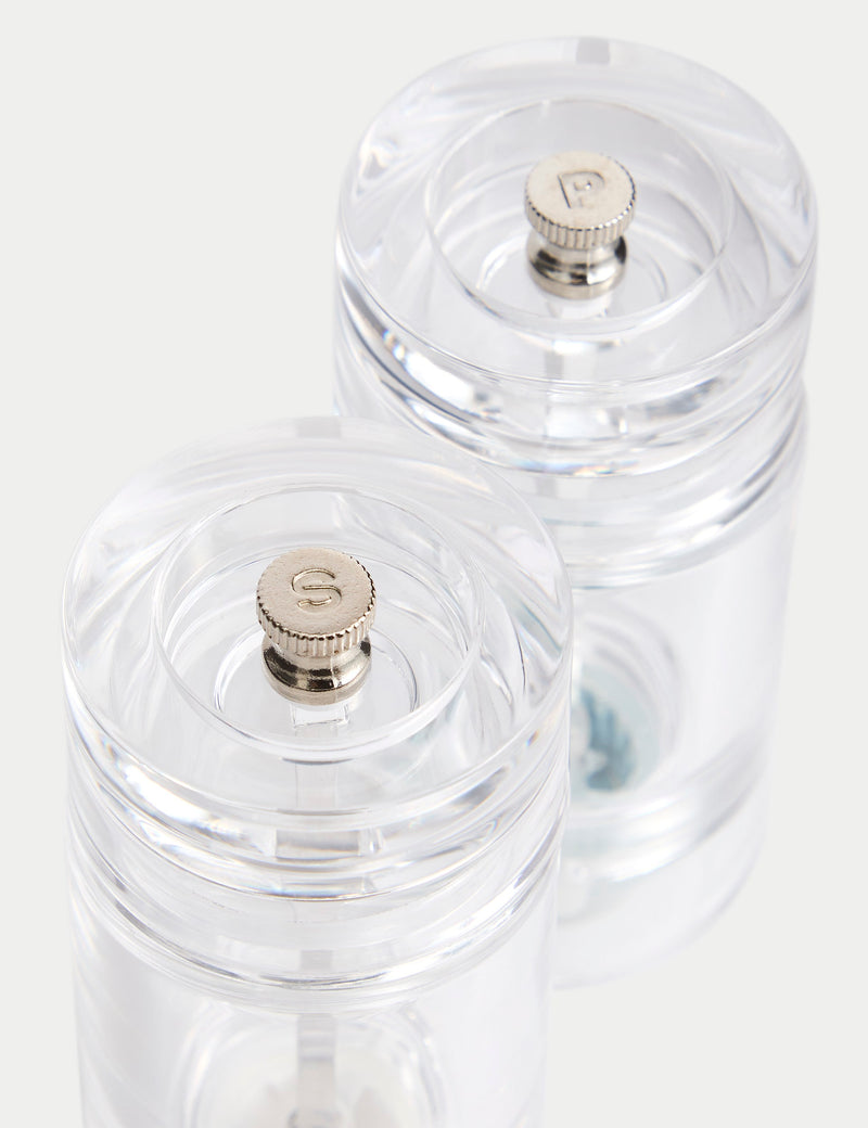 Clear plastic salt and pepper mills (British brand)