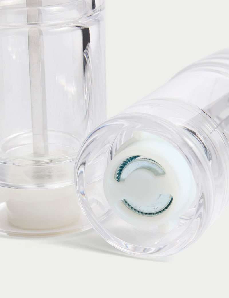 Clear plastic salt and pepper mills (British brand)