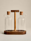 Glass oil pourers set of two with acacia wood caddy (British brand)