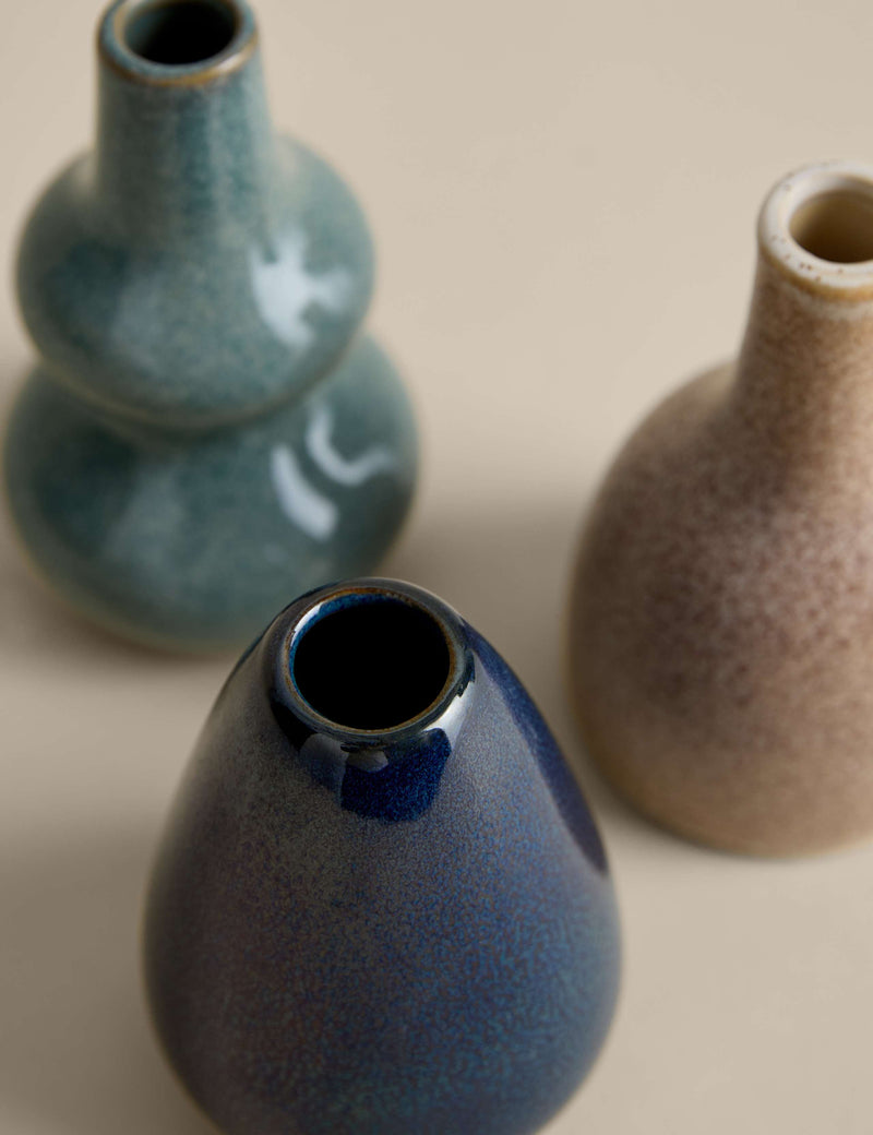 Set of 3 reactive glaze ceramic bud vases, imported from the UK