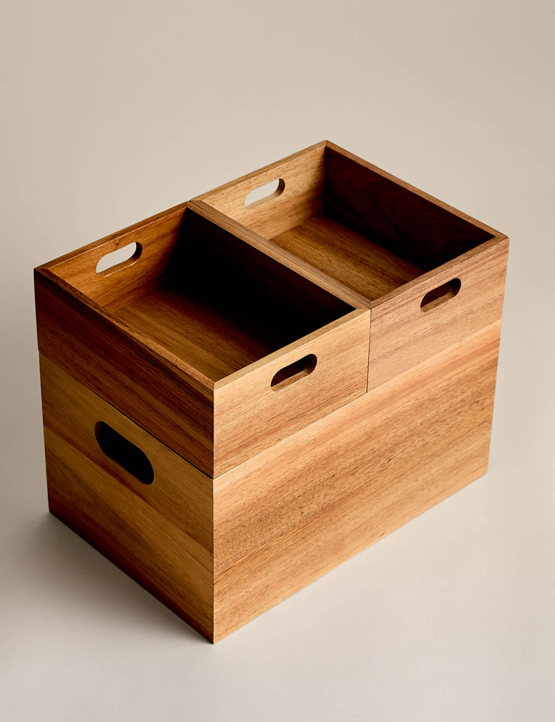 Wooden stacking boxes set of three for kitchen storage (British brand)