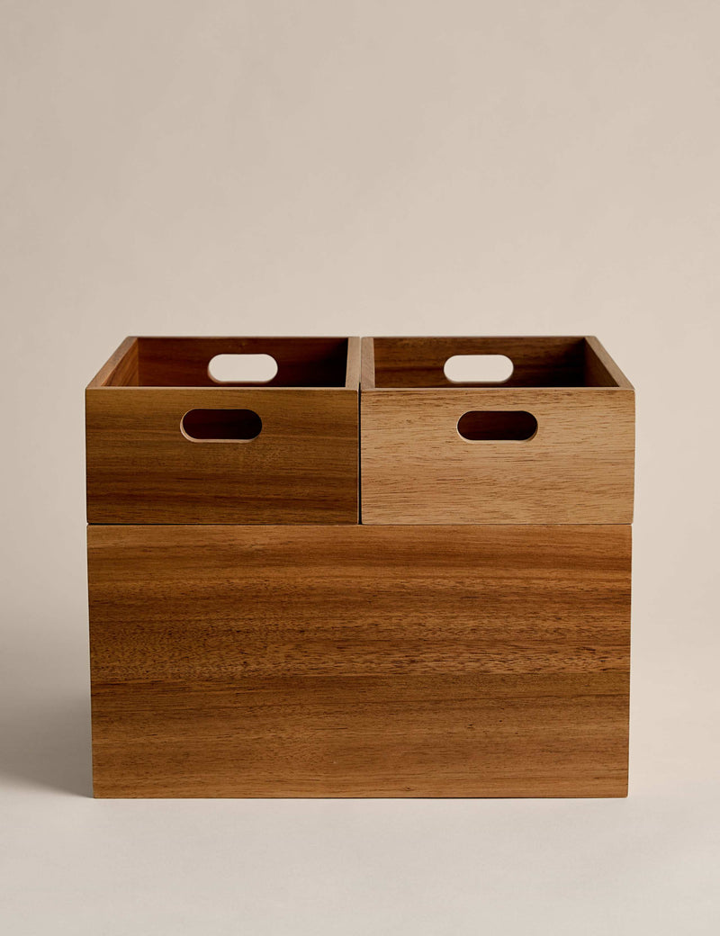 Wooden stacking boxes set of three for kitchen storage (British brand)