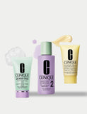 Clinique 3-step cleansing kit for dry combination skin with liquid soap, exfoliator, and moisturizer (British brand)