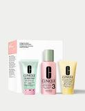 Clinique skincare cleansing kit for combination oily skin with cleanser, exfoliator, and moisturizer (British brand)