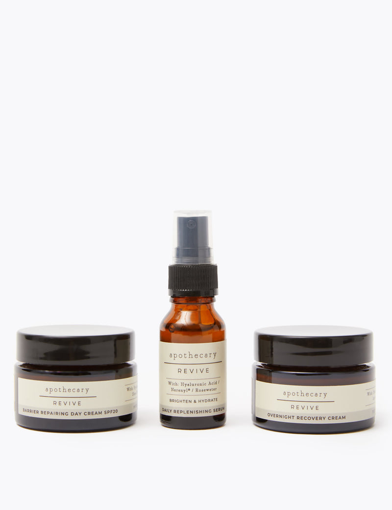 Apothecary Revive skincare discovery set with day cream, night cream, and serum (British brand)