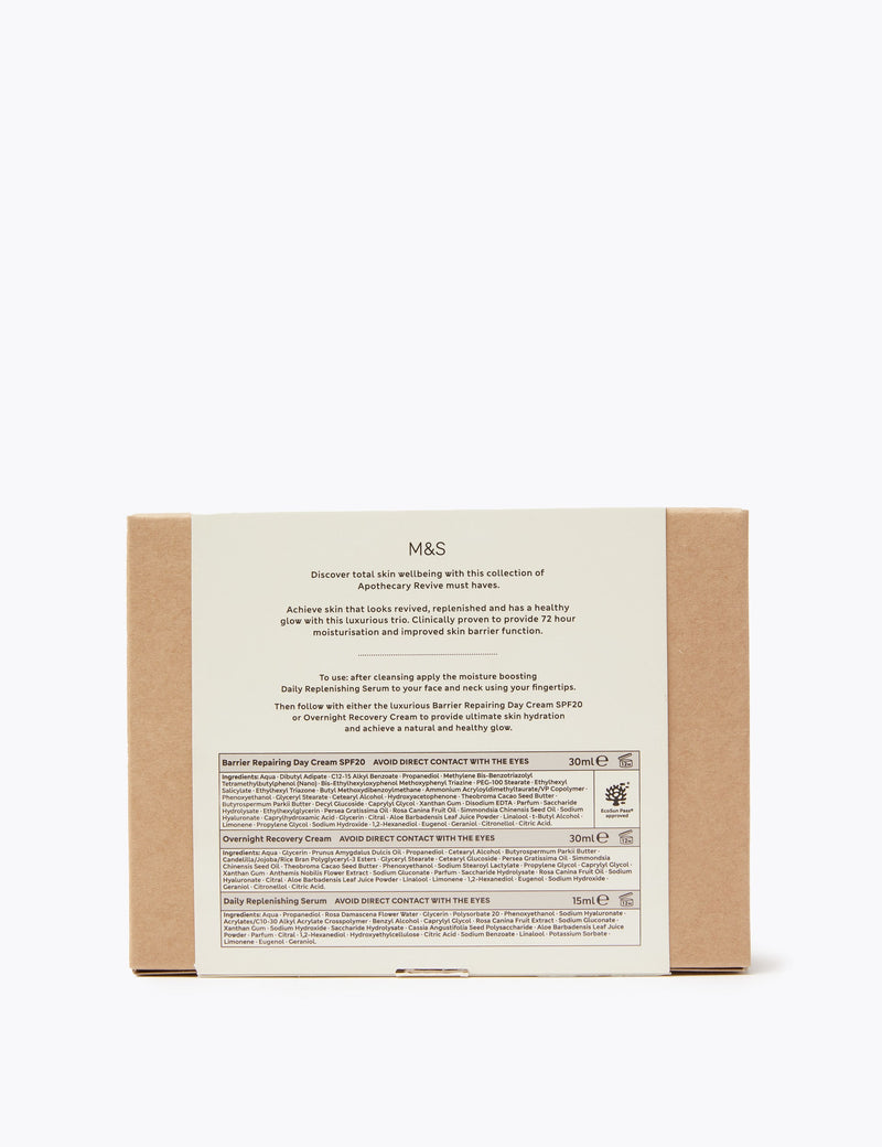 Apothecary Revive skincare discovery set with day cream, night cream, and serum (British brand)