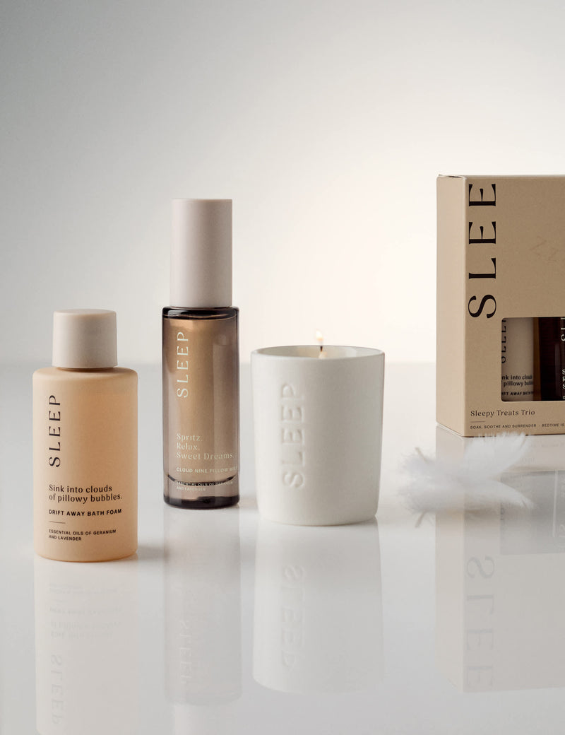 Sleepy Treats Trio gift set with pillow mist, bath foam, and candle (British brand)